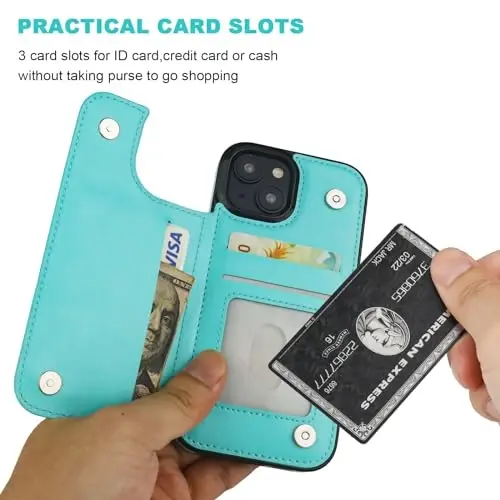 ONETOP for iPhone 15 Wallet Case with Credit Card Holder,LightBlue | Kickstand,ID/Cash Holder,Case Wallet with Card Slots,Double Magnetic Clasp,Durable PU Leather Shockproof Cover for Women Men - 4
