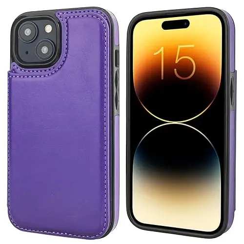 ONETOP Compatible with iPhone 15 Wallet Case with Card Holder, PU Leather Kickstand Card Slots Case, Double Magnetic Clasp and Durable Shockproof Cover 6.1 Inch (Purple) - 3
