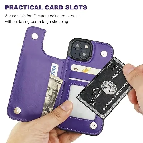 ONETOP Compatible with iPhone 15 Wallet Case with Card Holder, PU Leather Kickstand Card Slots Case, Double Magnetic Clasp and Durable Shockproof Cover 6.1 Inch (Purple) - 4