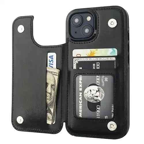 ONETOP for iPhone 15 Wallet Case with Credit Card Holder,Black | Kickstand,ID/Cash Holder,Case Wallet with Card Slots,Double Magnetic Clasp,Durable PU Leather Shockproof Cover for Women Men 