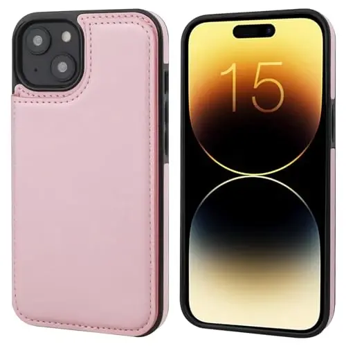 ONETOP Compatible with iPhone 15 Wallet Case with Card Holder, PU Leather Kickstand Card Slots Case, Double Magnetic Clasp and Durable Shockproof Cover 6.1 Inch (Pink) - 3