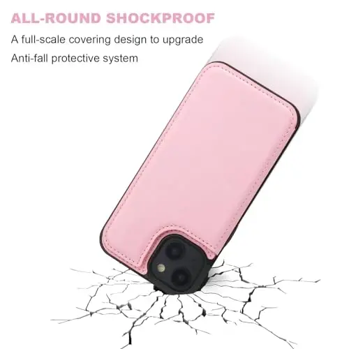 ONETOP Compatible with iPhone 15 Wallet Case with Card Holder, PU Leather Kickstand Card Slots Case, Double Magnetic Clasp and Durable Shockproof Cover 6.1 Inch (Pink) - 6
