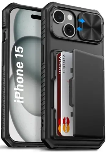 Vihibii for iPhone 15, iPhone 14, and iPhone 13 Case with Card Holder (4 Cards) [RFID Blocking] & Slide Camera Cover, Military Grade Drop Protection, Rugged Hard Back & TPU Silicone Phone Case, Black - VIHIBII