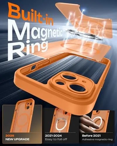 iPhone 15 Kılıf için TOCOL, Magsafe ile Uyumlu, Tam Kamera Koruma, Dahili Manyetik Halka, Düşme Koruması, iPhone 15 6.1 inç için Yarı Saydam Mat Telefon Kılıfı (Turuncu) - 3