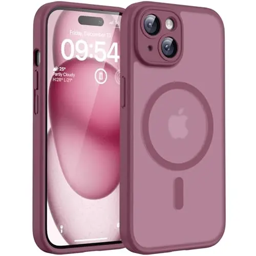 iPhone 15 Kılıf için TOCOL, Magsafe ile Uyumlu, Tam Kamera Koruma, Dahili Manyetik Halka, Düşme Koruması, Yarı Saydam Mat Telefon Kılıfı iPhone 15 6.1 inç (Erik Rengi) 