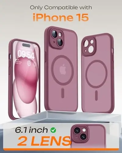iPhone 15 Kılıf için TOCOL, Magsafe ile Uyumlu, Tam Kamera Koruma, Dahili Manyetik Halka, Düşme Koruması, Yarı Saydam Mat Telefon Kılıfı iPhone 15 6.1 inç (Erik Rengi) - 2