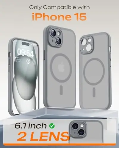 iPhone 15 Kılıf için TOCOL, Magsafe ile Uyumlu, Tam Kamera Koruması, Dahili Manyetik Halka, Düşme Koruması, iPhone 15 6.1 inç için Yarı Saydam Mat Telefon Kılıfı (Titanyum Gri) - 2