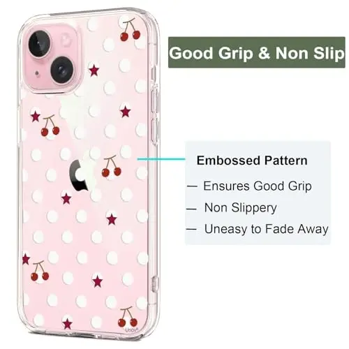 Unov for iPhone 15 Case, Clear with Design, Slim Fit Good Grip, Embossed Phone Case, Shockproof Protective Cover, Raised Camera Protection, Soft TPU, Polka Dots - 4