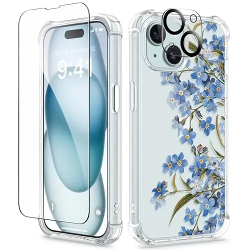 iPhone 15 Kılıfı Çiçekli, Ekran Koruyucu ve Kamera Lens Koruyuculu, [Sararmaz] Yumuşak Darbe Emici Şeffaf Kadın Telefon Kılıfı, Çiçek Desenli Tasarım 6.1