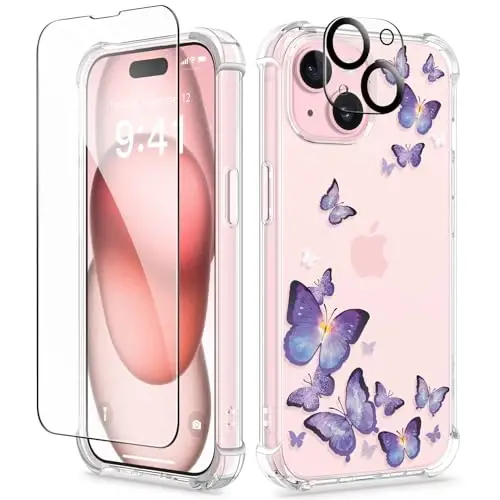 iPhone 15 Kılıfı Çiçekli, Ekran Koruyuculu ve Kamera Lens Koruyuculu, [Sararma Yapmaz] Kadınlar İçin Yumuşak Darbeye Dayanıklı Şeffaf Telefon Koruyucu Kılıf, Çiçek Desenli Tasarım 6.1