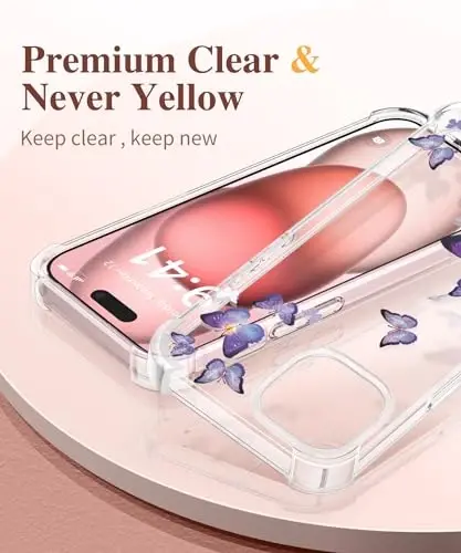 iPhone 15 Kılıfı Çiçekli, Ekran Koruyuculu ve Kamera Lens Koruyuculu, [Sararma Yapmaz] Kadınlar İçin Yumuşak Darbeye Dayanıklı Şeffaf Telefon Koruyucu Kılıf, Çiçek Desenli Tasarım 6.1
