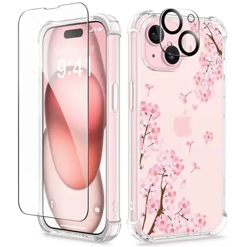 iPhone 15 Kılıfı GVIEWIN Çiçekli, Ekran Koruyucu ve Kamera Lens Koruyuculu, [Sararma Yapmaz] Yumuşak Darbe Emici Şeffaf Kadın Telefon Kılıfı, Çiçek Desenli Tasarım 6.1