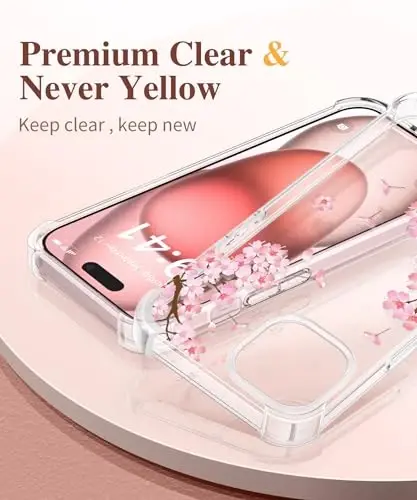 iPhone 15 Kılıfı GVIEWIN Çiçekli, Ekran Koruyucu ve Kamera Lens Koruyuculu, [Sararma Yapmaz] Yumuşak Darbe Emici Şeffaf Kadın Telefon Kılıfı, Çiçek Desenli Tasarım 6.1