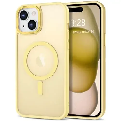 Anuck Case for iPhone 15 Case Magnetic Phone Case Compatible with MagSafe, Soft TPU Bumper Hard Translucent Matte Back Slim Fit Shockproof Protective Cover for Men Women Girls - Yellow - 1