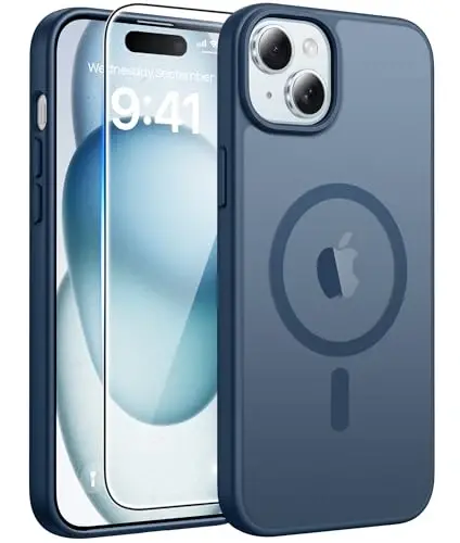 FNTCASE for iPhone 15/14/13 Case, Fit for Magsafe, Glass Screen Protector | Translucent Matte, Magnetic Phone Cases, 14FT Military Grade Drop Protection, Slim Shockproof Protective Cover, Blue 