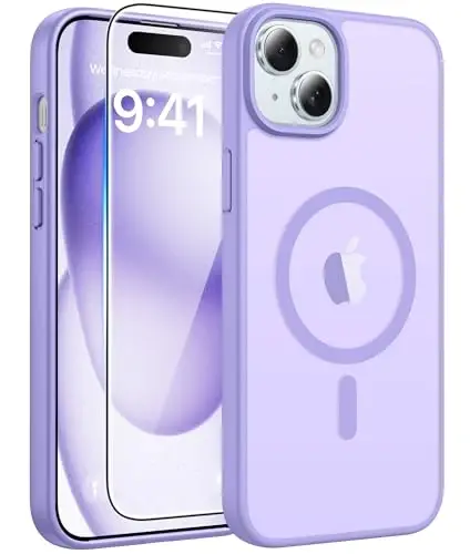 FNTCASE for iPhone 15 Case: for iPhone 14 Case & iPhone 13 Case [Compatible with Magsafe] Translucent Matte Cases with [Screen Protector] Military Grade Shockproof Protective Phone Cover - LightPurple - FNTCASE