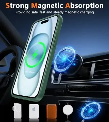 FNTCASE for iPhone 15 Case: for iPhone 14 Case & iPhone 13 Case [Compatible with Magsafe] Translucent Matte Magnetic Phone Cover - Military Grade Drop Protection Shockproof Protective Cases - Green - 4