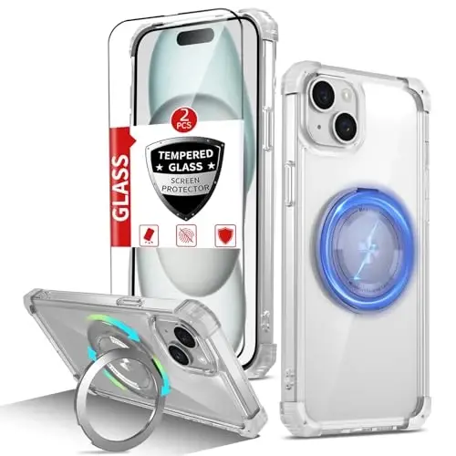 IYTRRYH for iPhone 15 Case Magnetic Compatible with MagSafe Wireless Charging,with 2 Screen Protector,for 15 Case Built-in 360°Kickstand Ring,Military Grade Drop Heavy Duty Protection Shockproof Clear - 12