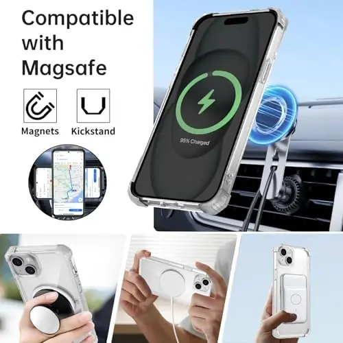 IYTRRYH for iPhone 15 Case Magnetic Compatible with MagSafe Wireless Charging,with 2 Screen Protector,for 15 Case Built-in 360°Kickstand Ring,Military Grade Drop Heavy Duty Protection Shockproof Clear - 11