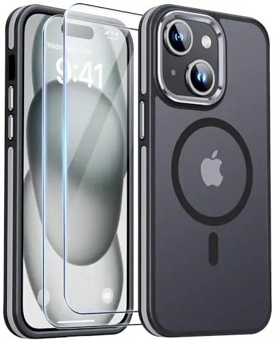 JAME for iPhone 15 Case, iPhone 15 Phone Case with 2 Tempered-Glass Screen Protectors [Compatible with Magsafe][Military-Grade Protection] Shockproof Slim Fit Phone Case for iPhone 15 Case, Black - 1