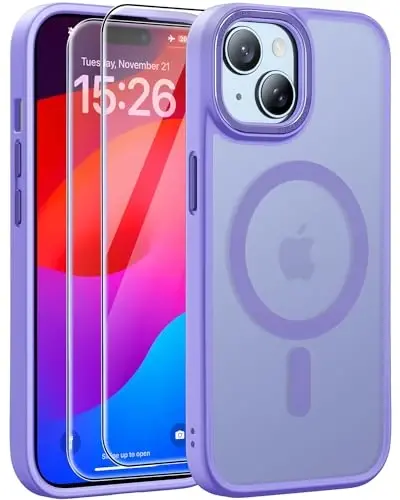 JAME for iPhone 15 Case, iPhone 15 Phone Case with 2 Tempered-Glass Screen Protectors, [Compatible with Magsafe], [Military-Grade Protection], Slim Fit Phone Case for iPhone 15 Case, Matte Lavender - 1