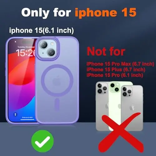 JAME for iPhone 15 Case, iPhone 15 Phone Case with 2 Tempered-Glass Screen Protectors, [Compatible with Magsafe], [Military-Grade Protection], Slim Fit Phone Case for iPhone 15 Case, Matte Lavender - 2