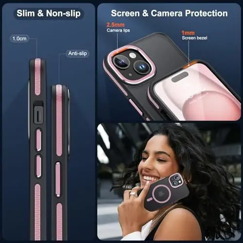 JAME for iPhone 15 Case, iPhone 15 Phone Case with 2 Tempered-Glass Screen Protectors [Compatible with Magsafe][Military-Grade Protection] Shockproof Slim Fit Phone Case for iPhone 15 Case, Rose Gold - 5