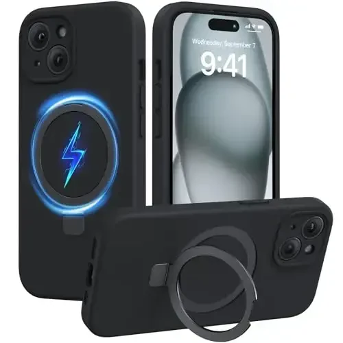 Miracase for iPhone 15 Case with Stand, Compatible with All MagSafe Accessories, Liquid Silicone Case Gel Rubber Shockproof Drop Protection Phone Case for iPhone 15, Black Mag-Stand 