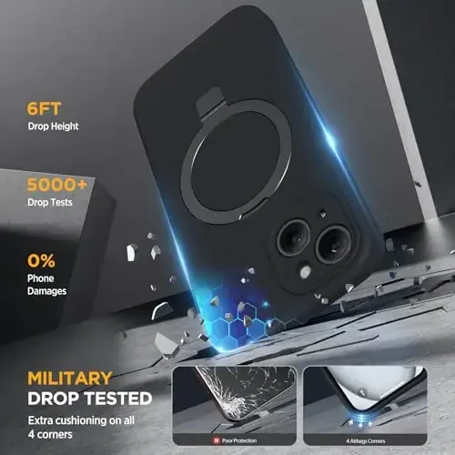 Miracase for iPhone 15 Case with Stand, Compatible with All MagSafe Accessories, Liquid Silicone Case Gel Rubber Shockproof Drop Protection Phone Case for iPhone 15, Black Mag-Stand - 5