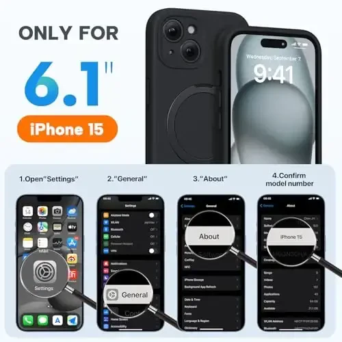 Miracase for iPhone 15 Case with Stand, Compatible with All MagSafe Accessories, Liquid Silicone Case Gel Rubber Shockproof Drop Protection Phone Case for iPhone 15, Black Mag-Stand - 6