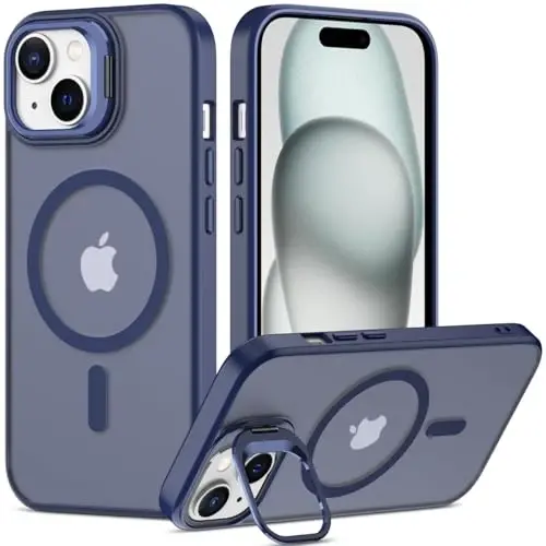 Nvollnoe for iPhone 15 Case Compatible with MagSafe,Military Grade Shockproof Heavy Duty Protective Adjustable Kickstand Matte Semi Clear Phone Case for iPhone 15(Blue) 
