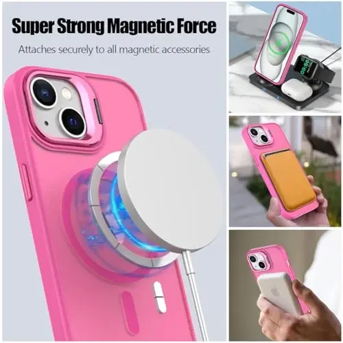 Nvollnoe for iPhone 15 Case Compatible with MagSafe Military Grade Shockproof Heavy Duty Protective Adjustable Kickstand Matte Semi Clear Phone Case for iPhone 15(Rose) - NVOLLNOE (1)