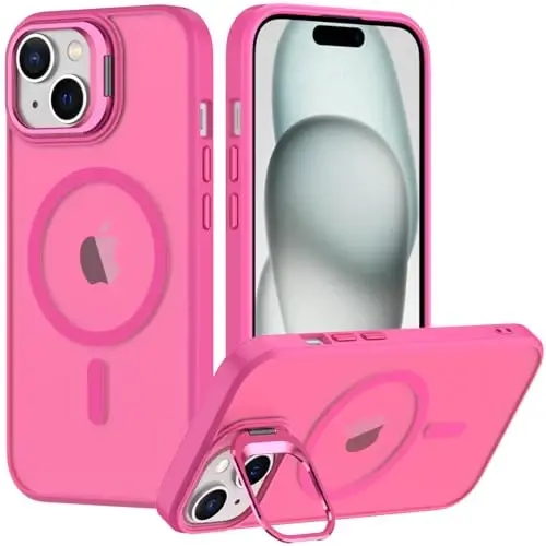 Nvollnoe for iPhone 15 Case Compatible with MagSafe Military Grade Shockproof Heavy Duty Protective Adjustable Kickstand Matte Semi Clear Phone Case for iPhone 15(Rose) 