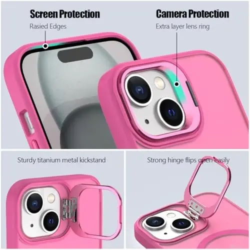 Nvollnoe for iPhone 15 Case Compatible with MagSafe Military Grade Shockproof Heavy Duty Protective Adjustable Kickstand Matte Semi Clear Phone Case for iPhone 15(Rose) - 3