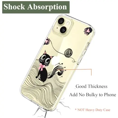 Unov for iPhone 15 Case, Clear with Design, Slim Fit Good Grip, Embossed Phone Case, Shockproof Protective Cover, Raised Camera Protection, Soft TPU, Black Cat - 6