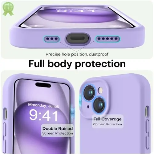 LOVE 3000 Compatible with iPhone 15 Case, [Smooth Silicone Full Coverage Camera] [8ft Drop Protection], Soft Microfiber Lining Full Body Protective Case for iPhone 15 6.1 inch - Light Purple - 3