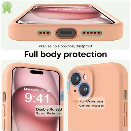 LOVE 3000 Compatible with iPhone 15 Case, [Smooth Silicone Full Coverage Camera] [8ft Drop Protection], Soft Microfiber Lining Full Body Protective Case for iPhone 15 6.1 inch - Cantaloupe - 3