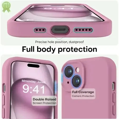 LOVE 3000 Compatible with iPhone 15 Case, [Smooth Silicone Full Coverage Camera] [8ft Drop Protection], Soft Microfiber Lining Full Body Protective Case for iPhone 15 6.1 inch - Lavender Purple - 3