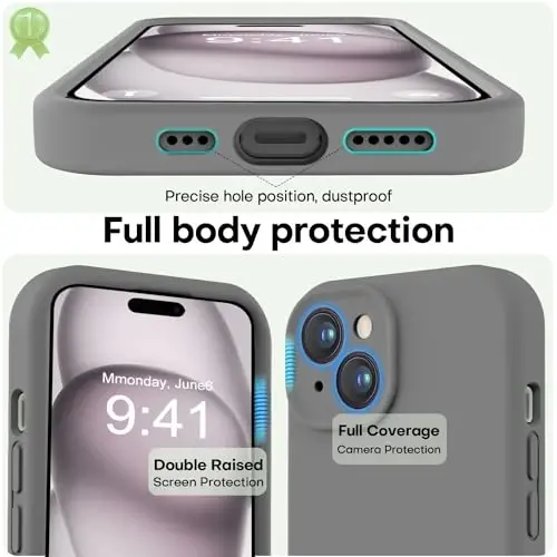 LOVE 3000 Compatible with iPhone 15 Case, [Smooth Silicone Full Coverage Camera] [8ft Drop Protection], Soft Microfiber Lining Full Body Protective Case for iPhone 15 6.1 inch - Dark Grey - 3