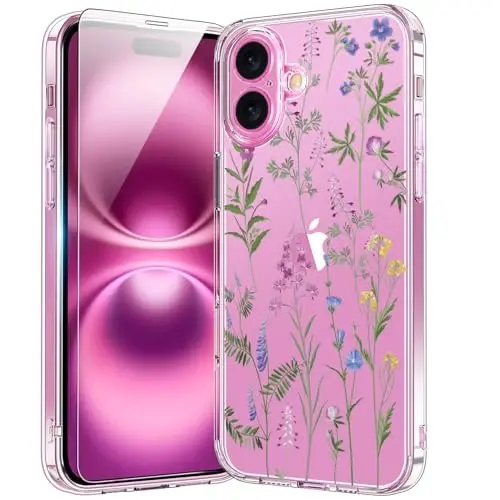 bicol Compatible with iPhone 15 Case, Crystal Acrylic Clear with Fashionable Pattern Designs for Girls Women, Slim Fit Shockproof Protective Phone Cover 6.1 inch Little Flowers Leaves 