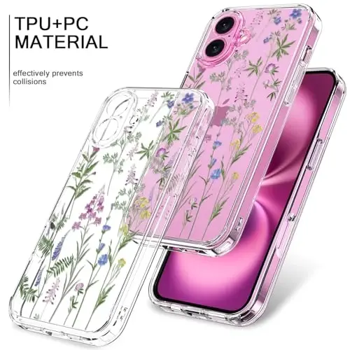 bicol for iPhone 16 Plus Case with Screen Protector, Enhanced Camera Protection, Crystal Acrylic Clear with Fashionable Designs for Girls Women, Slim Fit Protective Phone Cover, Little Flowers Leaves - 3