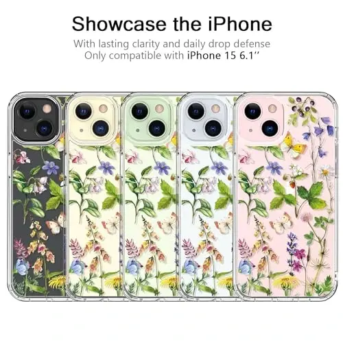bicol Compatible with iPhone 15 Case, Crystal Acrylic Clear with Fashionable Pattern Designs for Girls Women, Slim Fit Shockproof Protective Phone Cover 6.1 inch Butterfly Flowers - 6