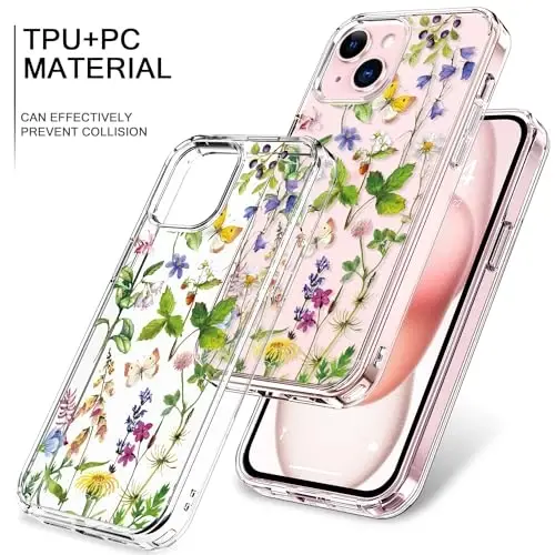 bicol Compatible with iPhone 15 Case, Crystal Acrylic Clear with Fashionable Pattern Designs for Girls Women, Slim Fit Shockproof Protective Phone Cover 6.1 inch Butterfly Flowers - BICOL (1)