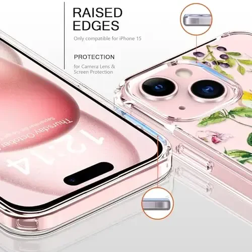 bicol Compatible with iPhone 15 Case, Crystal Acrylic Clear with Fashionable Pattern Designs for Girls Women, Slim Fit Shockproof Protective Phone Cover 6.1 inch Butterfly Flowers - 5