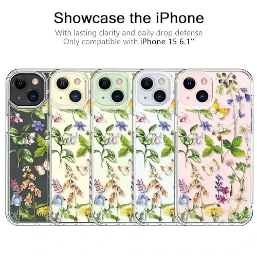 bicol Compatible with iPhone 15 Case, Crystal Acrylic Clear with Fashionable Pattern Designs for Girls Women, Slim Fit Shockproof Protective Phone Cover 6.1 inch Butterfly Flowers - 6