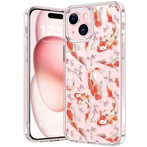 bicol Compatible with iPhone 15 Case, Crystal Acrylic Clear with Fashionable Pattern Designs for Girls Women, Slim Fit Shockproof Protective Phone Cover 6.1 inch,Elegant Fishes 