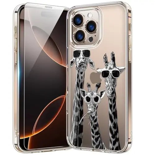 bicol for iPhone 16 Pro Case with Screen Protector, Enhanced Camera Protection, Crystal Acrylic Clear with Fashionable Designs for Girls Women, Slim Fit Protective Phone Cover, Giraffe Family - 1