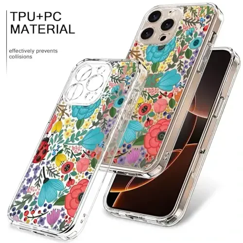 bicol for iPhone 16 Pro Max Case with Screen Protector, Enhanced Camera Protection, Crystal Clear with Fashionable Designs for Girls Women, Slim Fit Protective Phone Cover, Multi-Colored Blossoms - 3