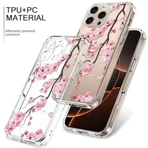 bicol Compatible with iPhone 15 Case, Crystal Acrylic Clear with Fashionable Pattern Designs for Girls Women, Slim Fit Shockproof Protective Phone Cover 6.1 inch,Blooming Cherry - 3