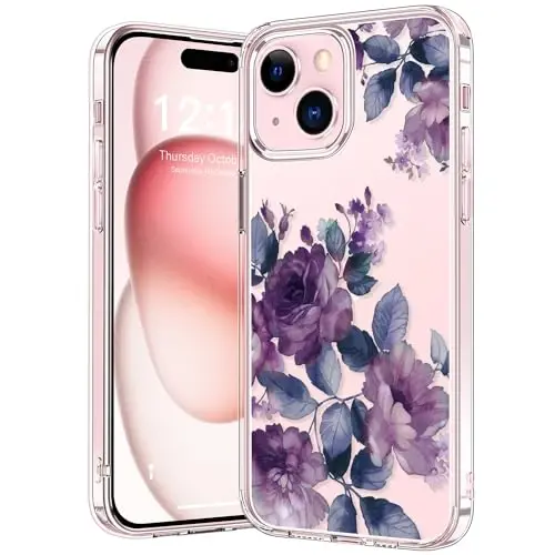 bicol Compatible with iPhone 15 Case, Crystal Acrylic Clear with Fashionable Pattern Designs for Girls Women, Slim Fit Shockproof Protective Phone Cover 6.1 inch,Purple Flowers 